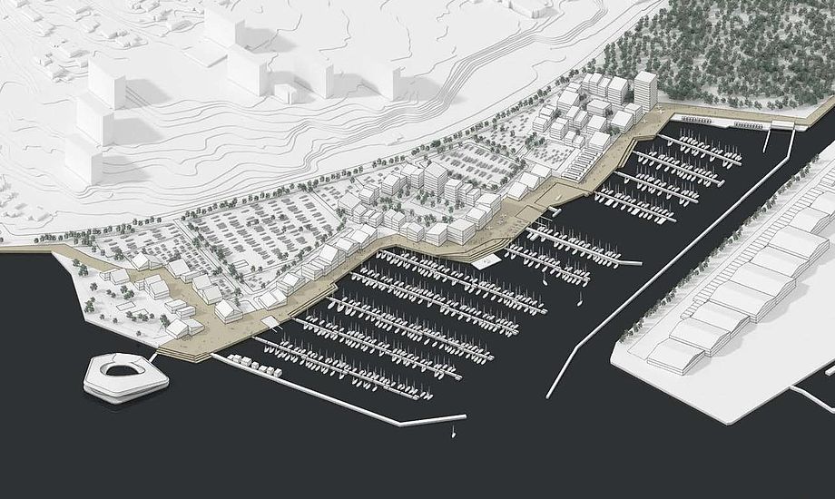 Det forventes, at lystbådehavnen og de første boliger kan tages i brug i 2020. Tegning: Cobe