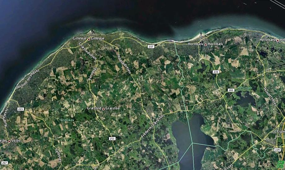 Hele Sjællands nordkyst er mærket af stormen. Foto: Google Maps