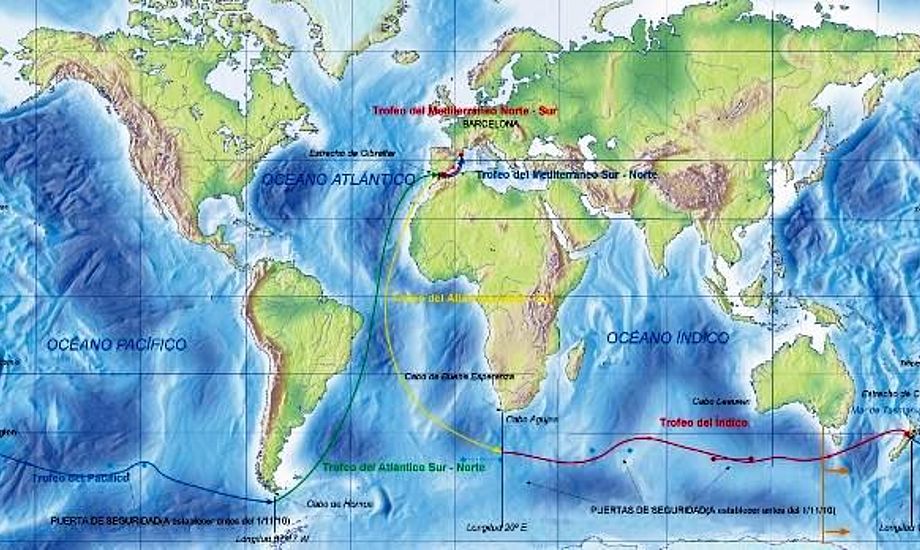 Ruten er Barcelona til Barcelona med tre kap: Good Hope, Leeuwin og Horn, Cook Strait, med Antarctica til styrbord.