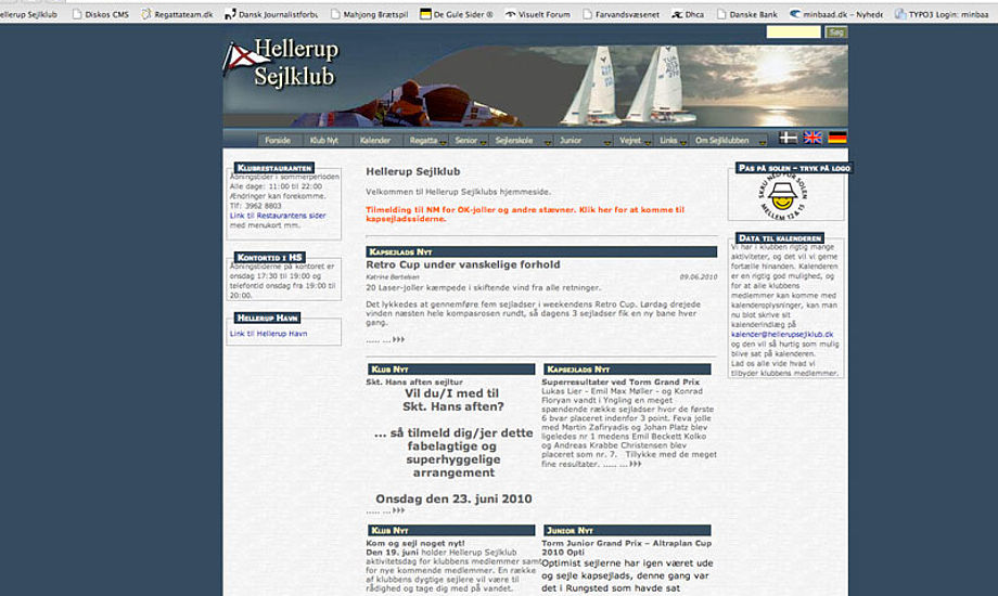 Hellerup Sejlklubs hjemmeside, skærmdump
