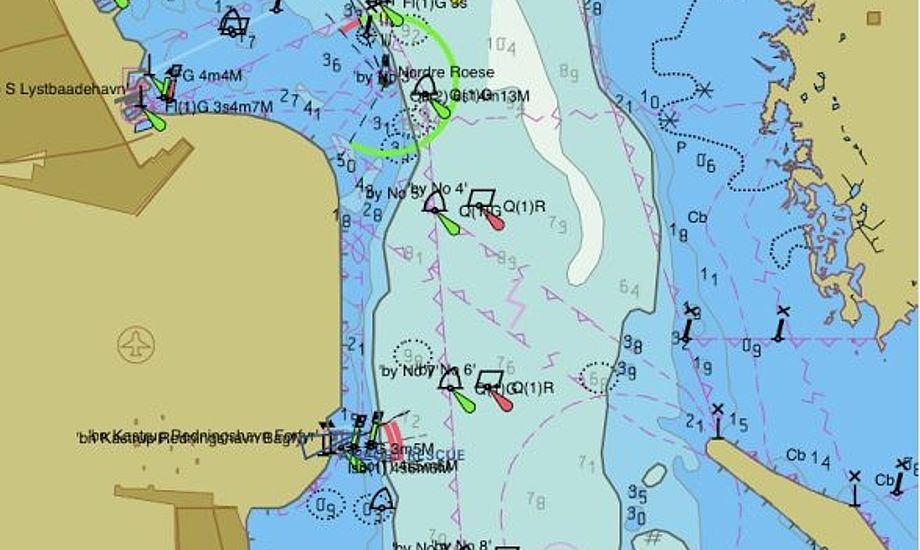 Kort fra Seapilot over samme område som Iq-kortet nederst i artiklen. Her står, modsat Iq-kortet, ikke noget om Drogden. Foto: Bøje Larsen