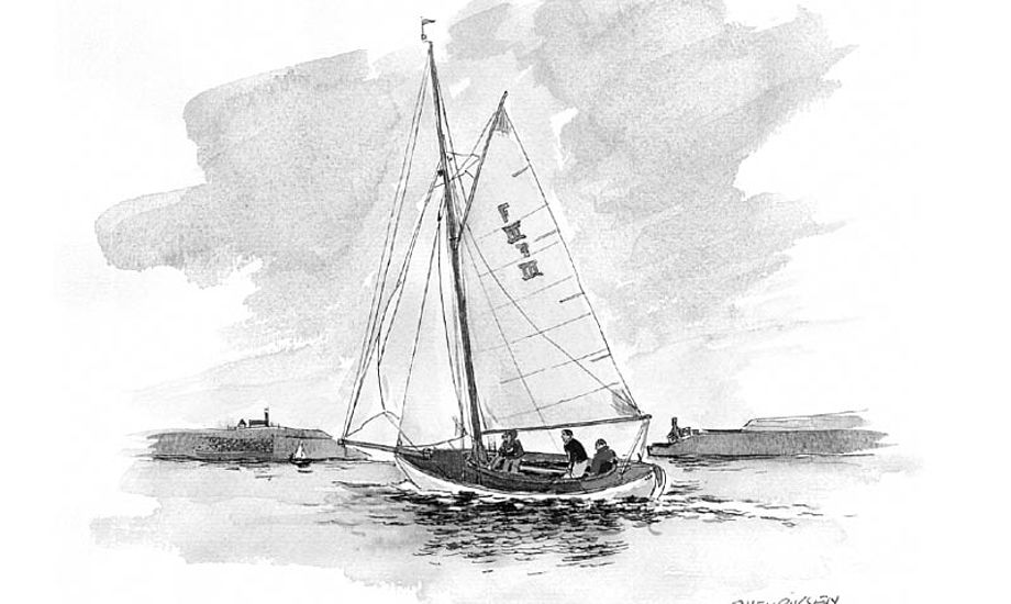 Tegning af en af skolebådene, fra sejlerskolens undervisningsmateriale.