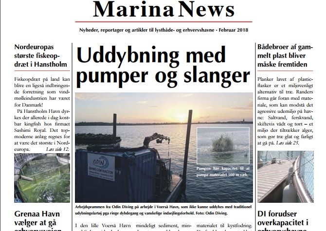 Forsiden af MarinaNews som blandt andet skriver om en nyskabende og skånsom teknik som flytter havneslam i lange slanger.