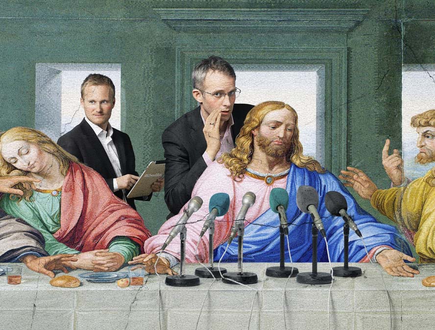 Jesus sidste "pressekonfenference" er lavet af photoshop-eksperterne i Billy Bonkers og er inspirert av Leonardo da Vincis ”The last supper” (1495-98). Originalen er et vægmaleri i Santa Maria delle Grazie klosteret i Milano.