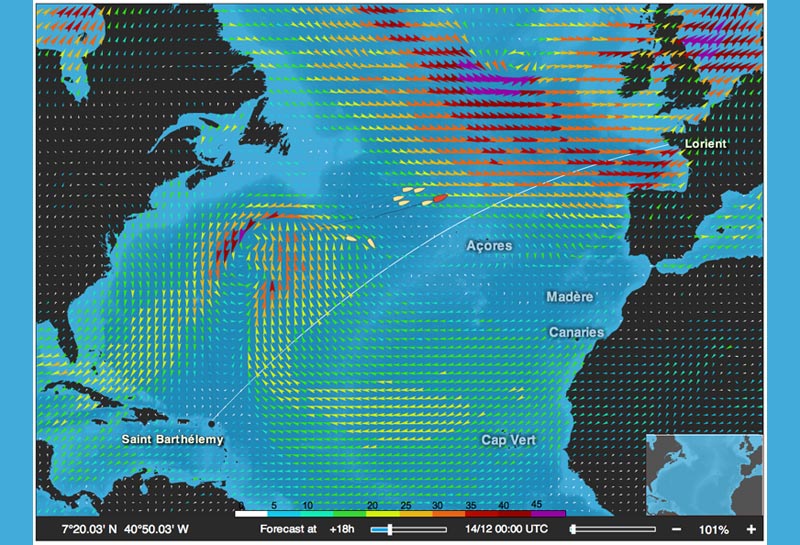 Det er et kraftigt lavtryk over Nordatlanten, der har fået arrangørerne til at lægge kursen om. Grafik: transatbtob-imoca.org