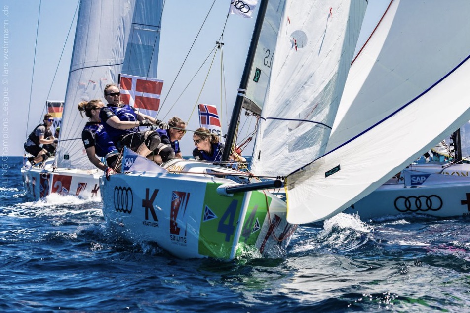 Skipper Trine Palludan og gasterne Josefine Boel, Tina Schmidt Gramkov, Anne Sofie Munk-Hansen og Helle Ørum Ryhding er nu klar til finalen i Champions League. Foto: Sailing Champions League