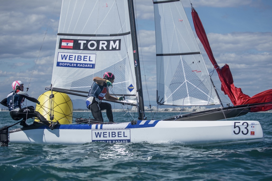 Lin Cenholt og Christian Peter Lübeck fortsatte de gode takter fra testeventen i Aarhus, hvor de vandt guld. Foto: Nacra 17 Class