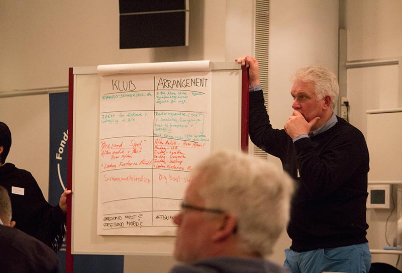 Philipp Skafte-Holm prøvede at holde styr de mange gode ideer, der væltede ind fra de 70 fremmødte klubber og klasser. Foto: Katrine Bertelsen