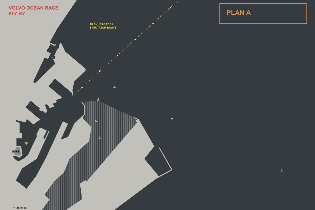 Tilskuerbåde må tage ophold indenfor de gule bøjer. Det skraverede område er forbudt for såvel lokale sejlere som Volvo Ocean Race-bådene. Grafik: Volvo Ocean Race Aarhus